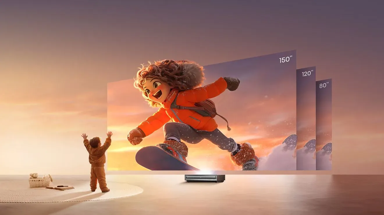 Hisense PX3-PRO 4K TriChroma laser projektor na televizijski omarici v dnevni sobi