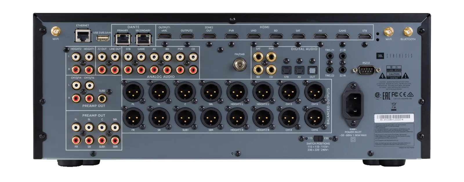 Zadnja stran JBL SDP-58 z vhodi HDMI 2.1 in DANTE povezavo