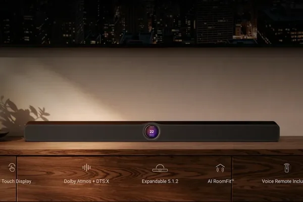 WiiM Bar soundbar na leseni omarici pod televizorjem